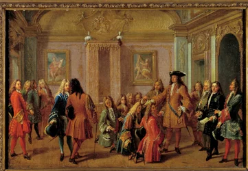 Primeira promoção dos cavaleiros da Ordem de Saint-Louis por Luís XIV em Versalhes em 8 de Maio de 1693 Pintura de François Marot (1666-1719) Sol do século XVII. 51 x 0,76 m.