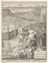 donzela holandesa recebe flores de um jardineiro
Página de título para: Carolus Tuinman, De oorsprong en uitlegging van (...) Nederduitsche spreekwoorden, 1726.