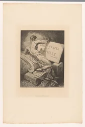 Impressão do título com homem no monumento de pedra Eaux Fortes Nouvelles (título no objeto) Gravuras de vários gravadores de 1877 (título da série) L