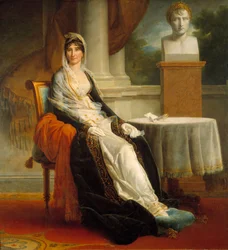 Retrato no pé de Laetitia Bonaparte (Letizia Maria Ramolino) (1750-1836) Sra. Mere Pres do busto do seu filho Imperador Napoleão I (1769-1821). Pintura de François Gerard (1770-1837) 1803 Sol. 1,72x1,78 m Malmaison, musee du chateau - Retrato a todo o comp