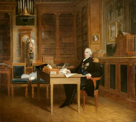 Retrato de Luís XVIII (1755-1824) tem seu escritório nas Tuileries, meditando sobre a Carta Pintura de François Gerard (1770-1837) depois de Marigny. Século XIX. Dim. 2,7x3,1 m. - Retrato de Luís XVIII (1755-1824) meditando sobre a Carta Carta sentado em