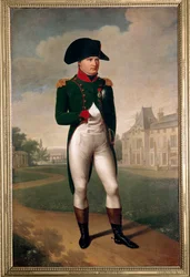 Retrato de Napoleão bonaparte (1769-1821) em frente ao castelo de Malmaison (vestido de cônsul). Em Reuil Malmaison (Hauts de Seine), em 1804. Pintura de François Gerard (1770-1837) Malmaison do século XIX, musee du chateau - Retrato completo de Napo