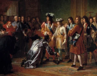 Proclamação do Duque de Anjou, Rei de Espanha com o nome de Filipe V, em 16 de Novembro de 1700 (em traje azul, atrás do cardeal à esquerda, está Jacques-Benigne (Jacques Benigne) Bossuet). Pintura de François Gerard (1770-1837). Sol do século XVIII