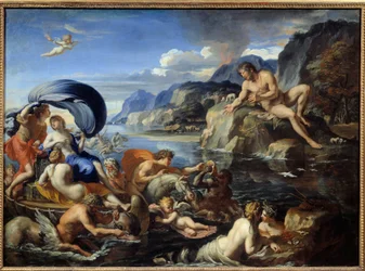 Acis e Galatee A ninfa Galatee e Acis, são observadas pelo Ciclope Polypheme, com ciúmes de seu amor idílico. De acordo com “Metamorfoses” de Ovídio. Pintura de François Perrier