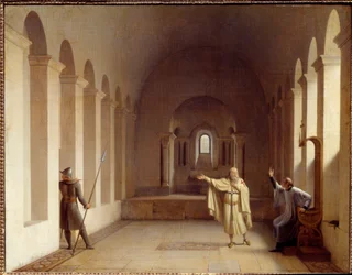 Jacques de Molay (Molai) (1243-1314), grande mestre dos Templários Jacques de Molay parado desde 1307, está detido no Palácio Real de Chinon, onde é interrogado por representantes papais e reais. Pintura de François Richard Fleury (1777-1852) S