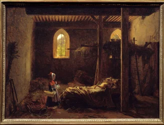 Capuchinho Vermelho Ilustração do conto de Charles Perrault, Capuchinho Vermelho em frente ao lobo disfarçado de avó. Pintura de François Richard Fleury (1777-1852) Sol do século XIX. 0,35x0,47 m .