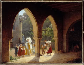 Madame Elisabeth da França (1764-1794), irmã de Luís XVI assistente na distribuição de leite em sua casa em Montreuil, perto de Versalhes Pintura de François Richard Fleury (1777-1852) Sol. 1,34x1,75m. Versailles, museu do castelo