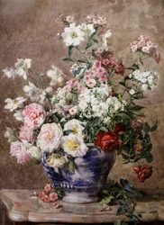 Natureza morta de anémonas e rosas num vaso azul e branco. Pintura de François Rivoire (1842-1919) Coleção particular.