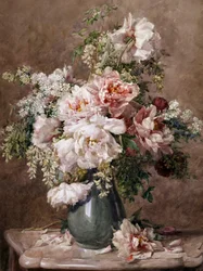 Natureza morta de peónias e rosas. Pintura de François Rivoire (1842-1919) Coleção particular.