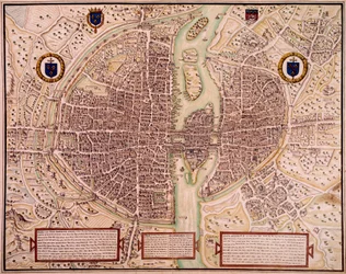 O mapa da cidade de Paris em 1540-1555 dizia sobre a tapeçaria. Gravura de François Roger de Gaignieres (1642-1715). paris, B.N.