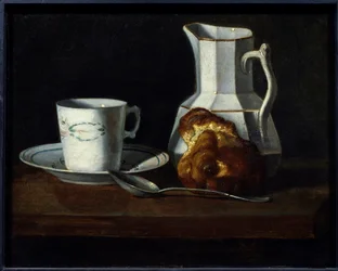 Natureza morta uma caneca de brioche, jarro de leite e brioche. Pintura de Françoise Bourin (1817-1887) Roanne do século XIX, musee Joseph Dechelette. - Natureza-morta, uma caneca de bolo, um jarro de leite e brioche. Pintura de Françoise Bourin (1817-1887