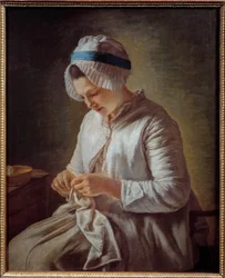 Retrato de mulher tem o livro "Jovem mulher tricotando". Pintura de Françoise Duparc (1726-1778) Sol do século XVIII. 0,78x0,64 m Marselha, musee des Beaux Arts - Retrato de uma mulher tricotando. Pintura de Françoise Duparc (1726-1778)