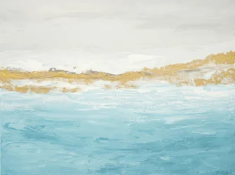 Paisagem marítima abstrata em azul e dourado