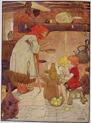 Hansel e Gretel são alimentados pela bruxa, ilustração de "O belo livro de rimas de berçário, histórias e fotos", por Frank Adams, publicado por Blackie und Son
