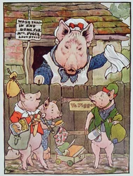 "Ela os expulsou de casa para encontrar a sua própria vida", ilustração de "Os Três Porquinhos" publicada na década de 1930 (cor litho)