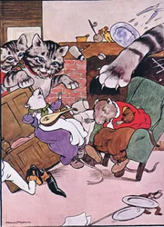 A gata e seus gatinhos entraram em cena, ilustração de "The Frog would a Wooing Go", de Charles H. Bennett, 1916