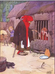 A velha fechou Hansel em um estábulo, de Hansel e Gretel publicado pela Blackie & Son Limited, c.1940
