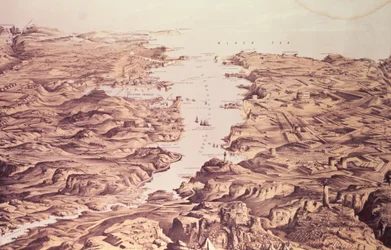 Vista panorâmica dos lados norte e sul do porto e porto de Sebastopol, projetado e litografado por Thomas Packer, pub. por Stannard e Dixon, 1855