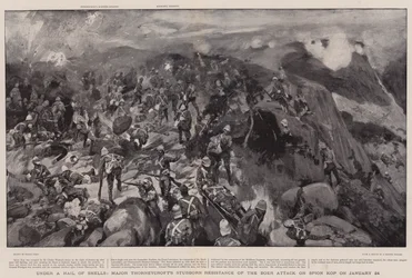 Sob um granizo de conchas, resistência teimosa do Major Thorneycroft do ataque de Boer em Spion Kop em 24 de janeiro