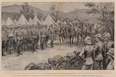 Após o Storming of Lombard&39;s Kop, Sir George White agradece ao Imperial Light Horse por seus serviços