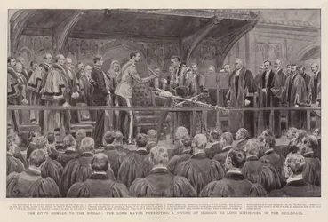 Homenagem da cidade ao Sirdar, o Lord Mayor apresentando uma espada de honra a Lord Kitchener no Guildhall