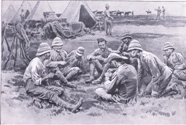Soldados cansados curtindo um descanso, de After Pretoria: The Guerilla War publicado por Harmsworth Bros Limited, 1901