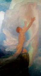 "Em Busca da Verdade" é uma representação alegórica da busca da verdade, com um homem no topo de uma montanha a tentar capturar uma figura feminina evanescente. Pintura de Frank Dicksee (1853-1928) (pré-rafaelita)