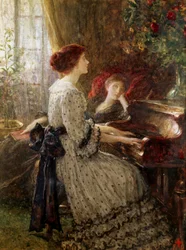 "Old Songs Duas mulheres num interior vitoriano de classe média, uma a tocar piano enquanto a outra ouve longamente a partir de uma poltrona. Pintura de Frank Dicksee (1853-1928) Coleção particular