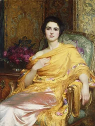 Retrato de Elsa, filha de William Hall, de três quartos, sentada, com vestido cor-de-rosa e xaile amarelo, 1927