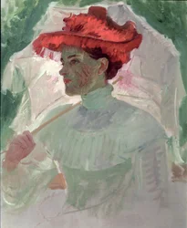 Mulher, com, chapéu vermelho, e, parasol