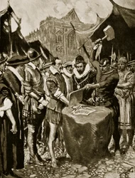 Stubbs tem sua mão cortada, ilustração de 1521, da "História da Nação Britânica" de Hutchinson, c.1923