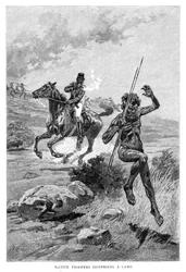 Soldados nativos dispersando um acampamento, Austrália, 1886.