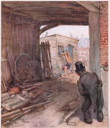 Chegado ao destino, o primeiro objeto que se apresentou à sua vista foi um par de pés muito imperfeitamente calçados no ar, cerca de 1920