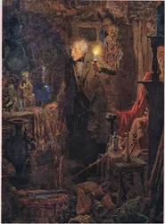 Era um velhinho, com longos cabelos brancos, cujo rosto e figura, enquanto segurava a luz acima da cabeça e olhava diante de si, c.1920 (litografia a cores)