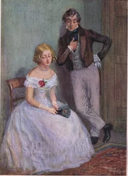 "Tenho a certeza de que não sei o que quer dizer, Sr. Swiveller", disse Miss Sophy com os olhos baixos , c.1920 (litografia a cores)