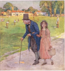 Era um sítio muito pequeno. Os homens e os rapazes estavam a jogar críquete no campo, c.1920 (litografia a cores)
