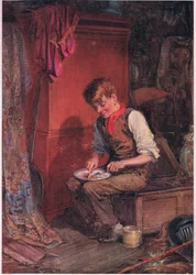 Kit carregou uma grande fatia de pão e carne para um canto e dedicou-se a comê-la com grande voracidade , c.1920 (litografia a cores)