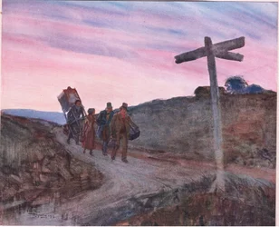 Short à frente; com caixa plana, a bagagem privada (que não era grande) amarrada num feixe, c.1920 (litografia a cores)