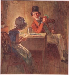 A marquesa segurando as cartas com as duas mãos, ponderando qual jogar, c.1920 (litografia a cores)