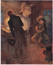 O anão atirou ao chão o jornal de onde tinha estado a entoar as palavras já citadas e agarrou numa barra de ferro enferrujada, c.1920 (litografia a cores)