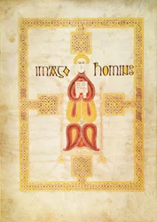 Lat 9389 f.18v Símbolo de Mateus, `Imago Hominus, Lindisfarne, do Livro do Evangelho de Echternach, c.700