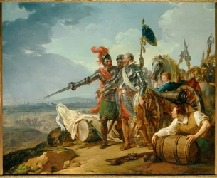 Guerras de Religião: «O rei Henrique IV leva alimentos a Paris em agosto de 1590». O rei Henrique IV (1553-1610), perto de Paris durante o cerco da cidade em 1590, abastece os parisienses famintos. Pintura de François André Vincent (1746-1816), 1783. A.