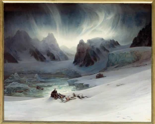 Baía de Magdalena vista da Península dos Túmulos, no norte de Spitsbergen. Efeito de aurora boreal. 1,30 x 1,63 m