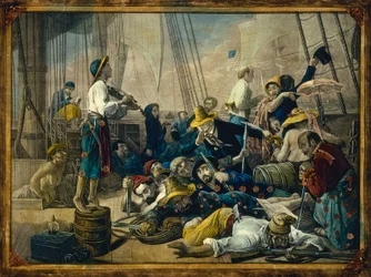 Piratas vestidos com roupas de mulher tentam enganar um navio mercante