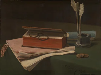 Ainda vida com livro, papéis e tinteiro, 1876
