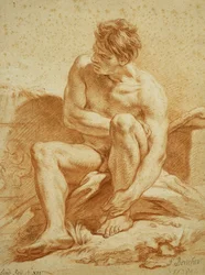 Nu sentado com um bastão, à esquerda um relevo com putti, 1738