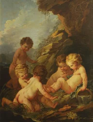 Boucher - Cinco crianças nuas a brincar junto a uma piscina rochosa, 1730-1735