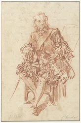 Jodelet sentado em uma cadeira Desenho para a ilustração de Les Précieuses Ridicules