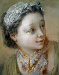 Retrato de uma jovem garota, na altura do busto, com a cabeça virada para a direita,