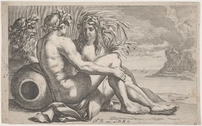 Deuses do rio reclinados diante de uma paisagem marinha, 1651-82.